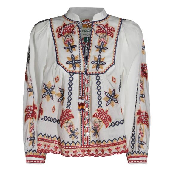 FARM Rio Tops - FARM RIO Mary's Tiles Multicoloured Floral Embroidery White MEDIUM
